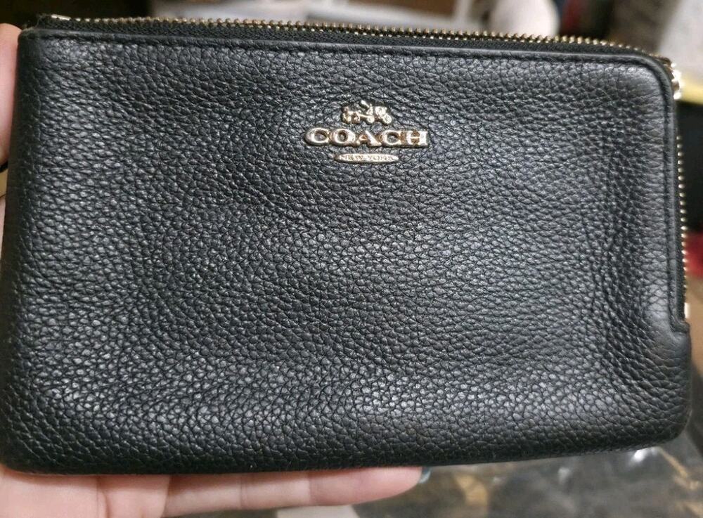 COACH Double Corner Zip WRISTLET BLACK Pebbled Leather Clutch Purse 2016